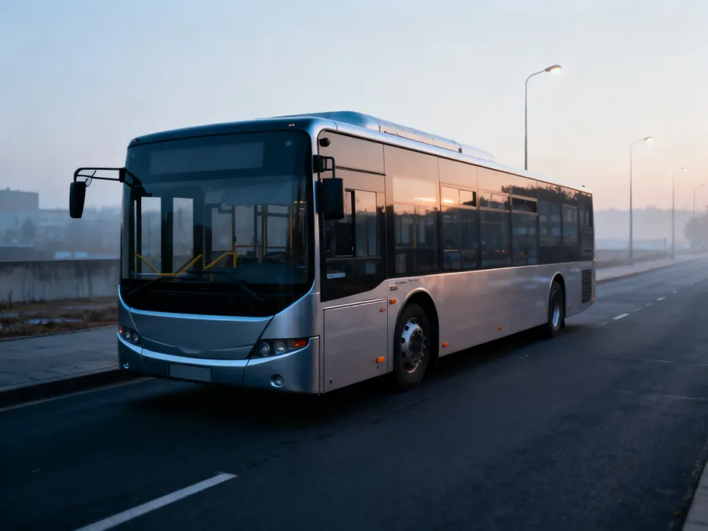 Nowoczesny autobus miejski zaparkowany na ulicy o świcie, prezentujący swoją konstrukcję w świetle poranka.