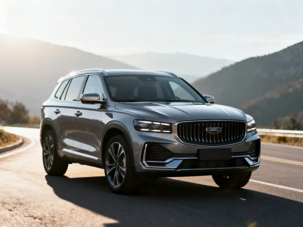 Szary SUV Skoda Karoq zaparkowany na asfaltowej drodze w górskiej scenerii w świetle poranka.