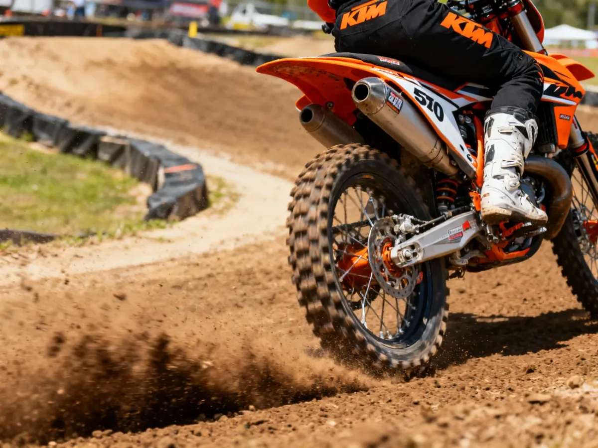 Motocykl KTM 350 SX-F pokonujący zakręt na torze motocrossowym