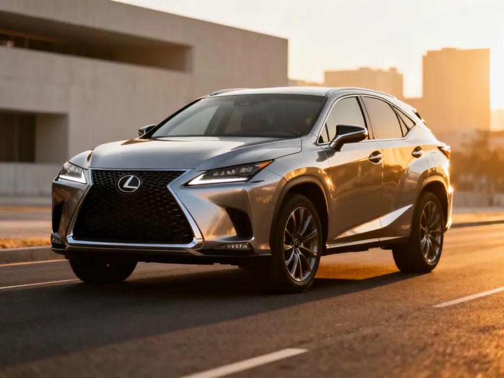Nowoczesny SUV Lexus NX zaparkowany na tle miejskiej architektury w świetle zachodzącego słońca.