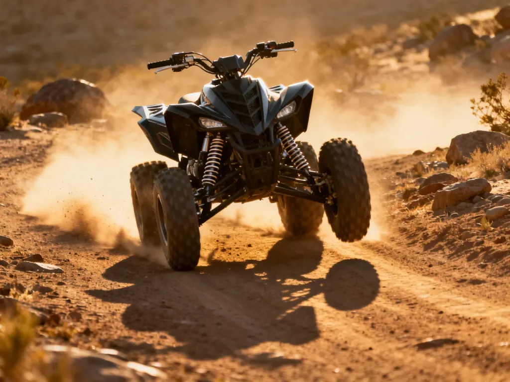 Sportowy quad Yamaha Raptor 350 pędzący po piaszczystym bezdrożu w promieniach zachodzącego słońca.