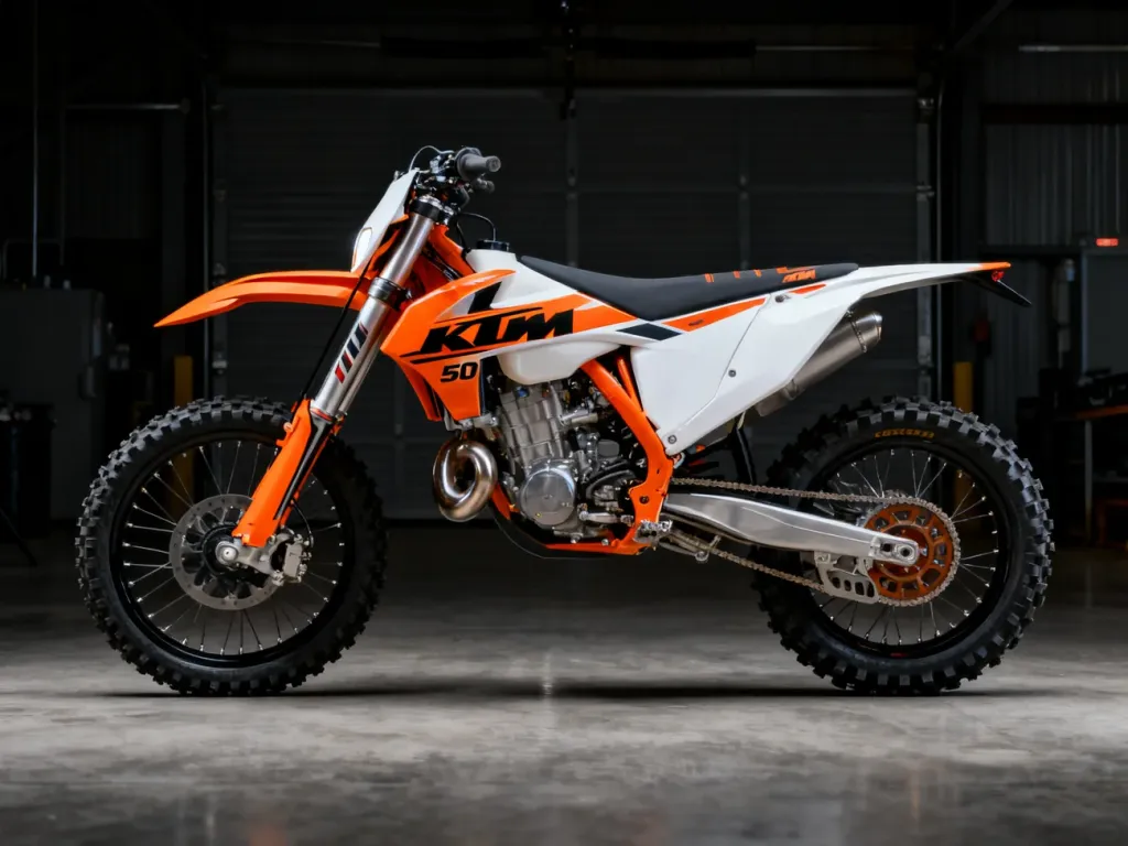Nowoczesny motocykl crossowy KTM SXF 350 w pomarańczowo-białych barwach, wyeksponowany w profesjonalnym studiu.