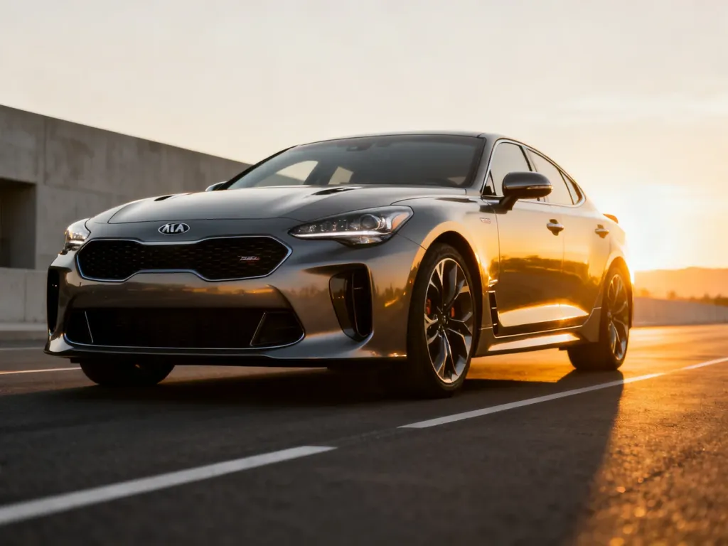 Sportowy sedan Kia Stinger zaparkowany na drodze podczas zachodu słońca, podkreślający aerodynamiczną sylwetkę auta.