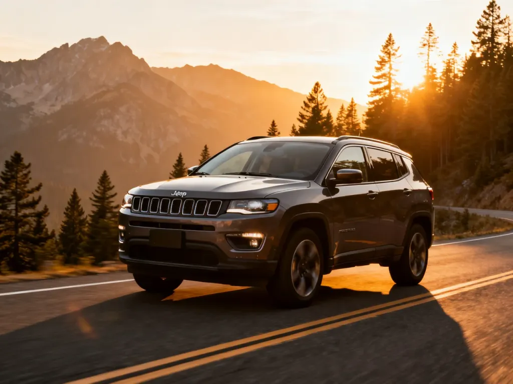 Nowoczesny Jeep Compass jadący górską drogą w świetle zachodzącego słońca, podkreślającym jego dynamiczną sylwetkę.