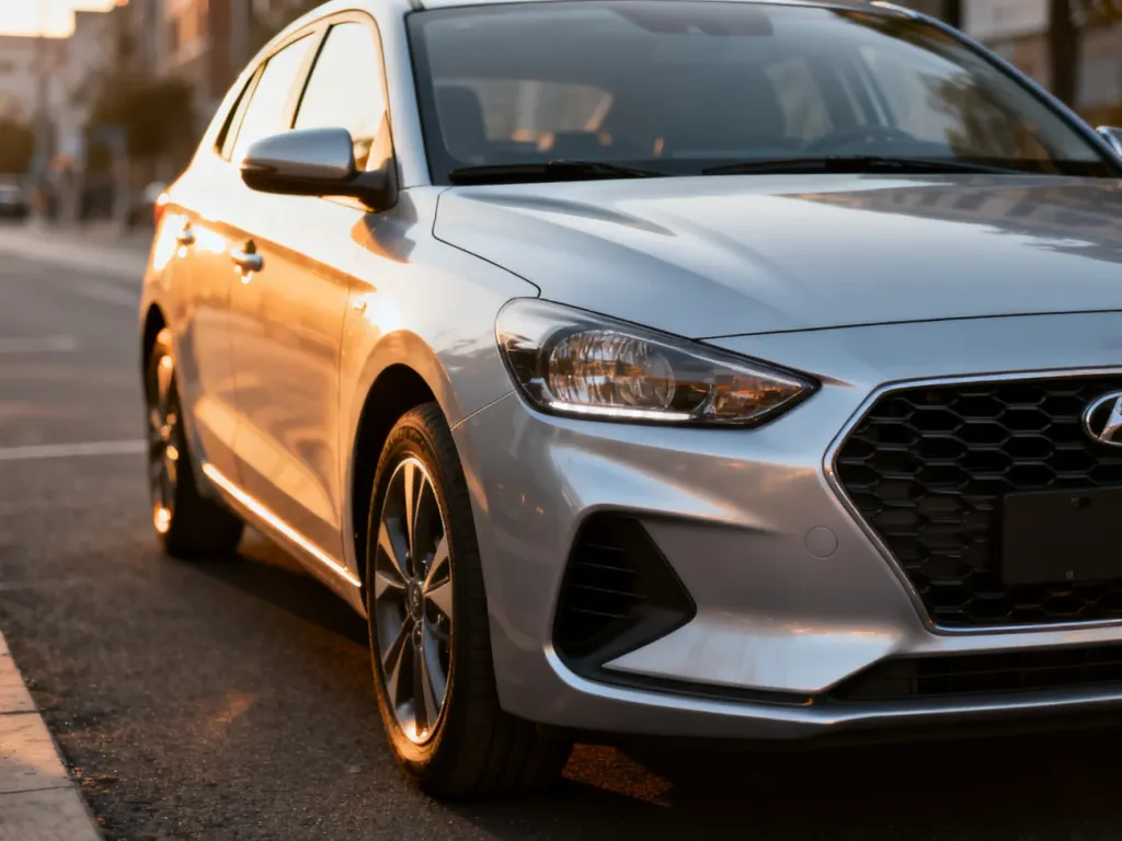 Srebrny Hyundai i20 zaparkowany na miejskiej ulicy, prezentujący nowoczesną stylistykę przodu nadwozia.