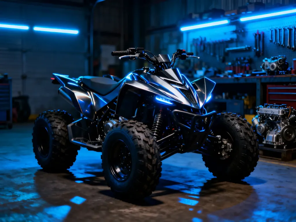 Nowoczesny quad Asix XB88 300 w industrialnym garażu, podkreślający jego agresywny design i sportowy charakter.