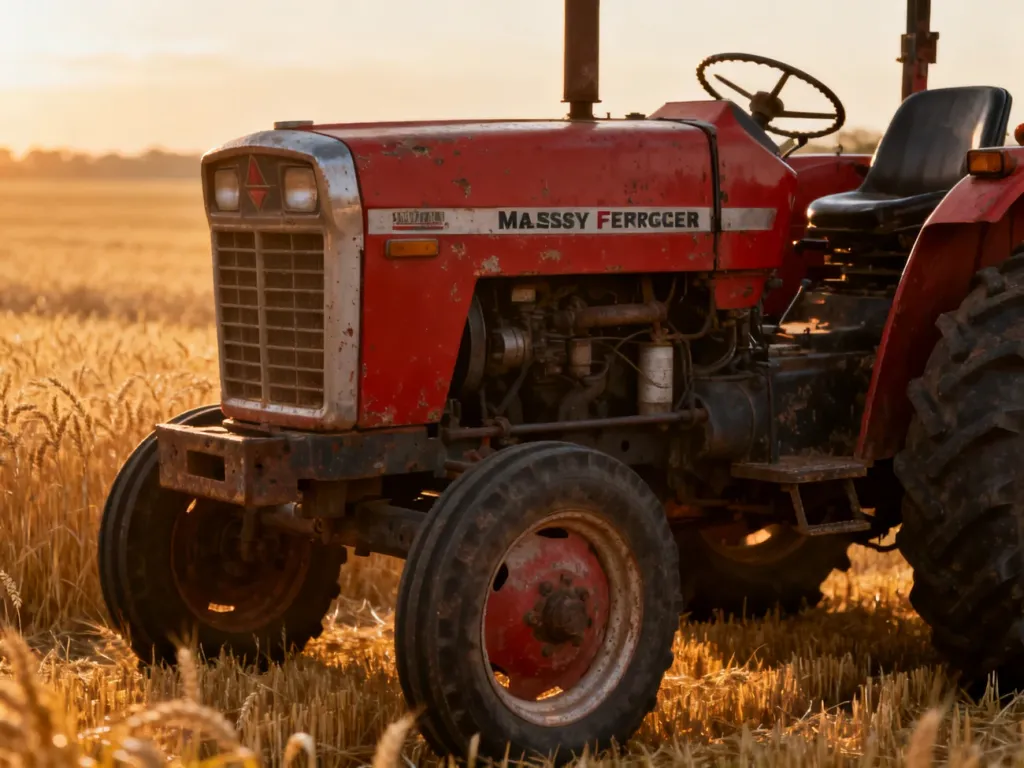 Czerwony ciągnik Massey Ferguson 255 zaparkowany na polu pszenicy w świetle zachodzącego słońca.