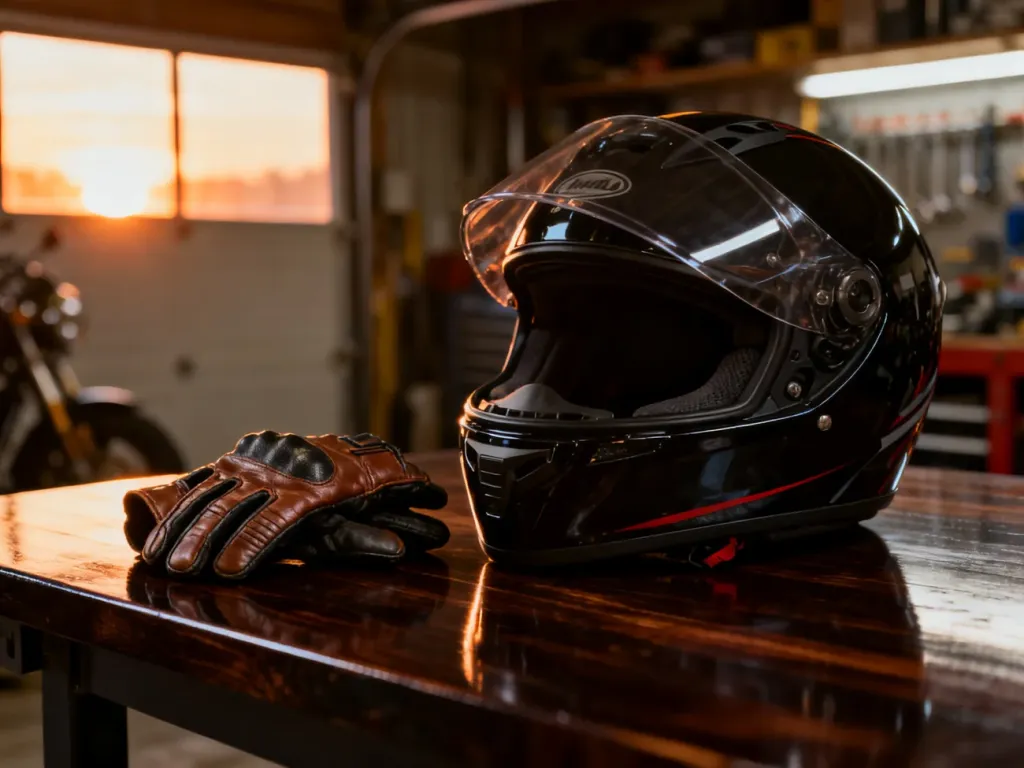 Wysokiej klasy kask motocyklowy i skórzane rękawice na drewnianym stole w klimatycznym warsztacie. Idealny prezent dla fana moto.