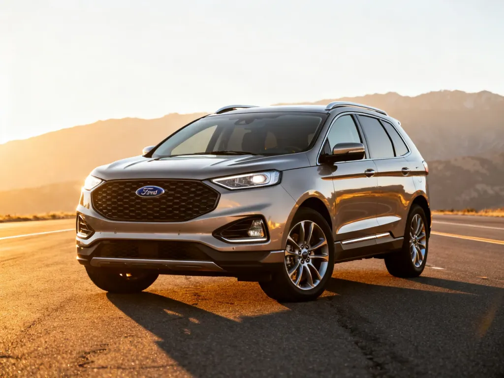 Nowoczesny Ford Edge zaparkowany na asfaltowej drodze w blasku zachodzącego słońca na tle górskiego krajobrazu.