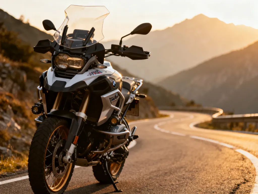 Nowoczesny motocykl Honda NC750X zaparkowany na krętej górskiej drodze w blasku zachodzącego słońca.